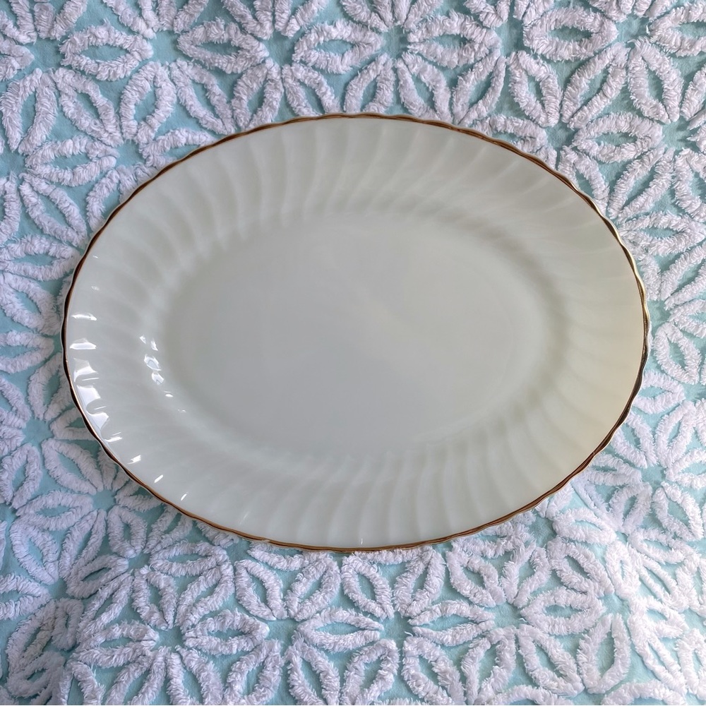 Vintage 15” Anchor Hocking USA milk glass‎ gold trimmed serving platter plate